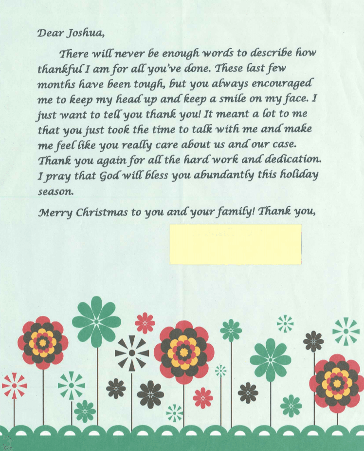 Note from Client, Danielle, to Joshua Branch
