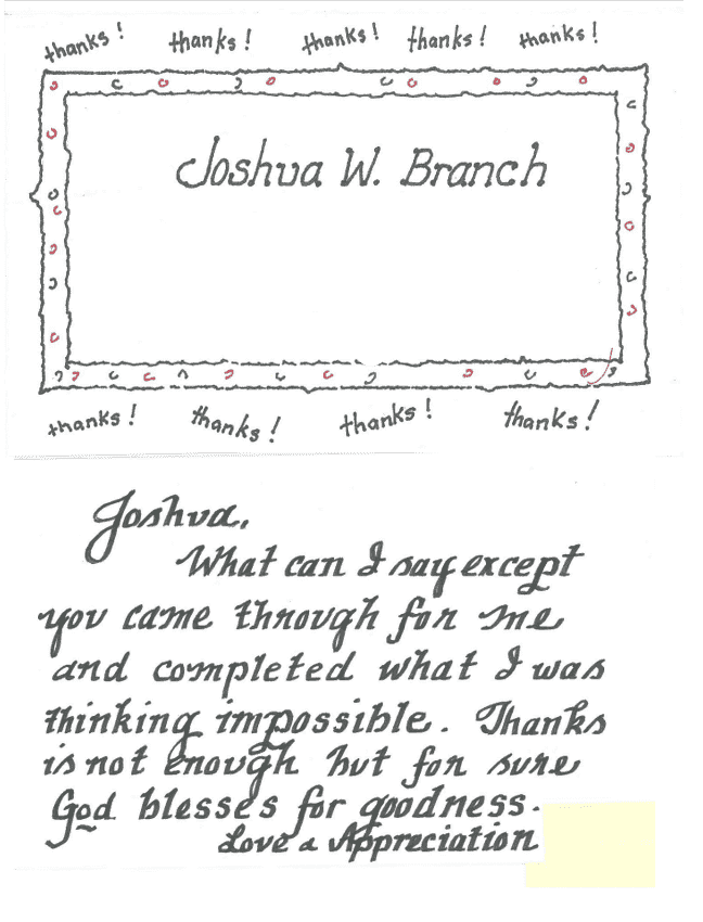 Thank You Note to Joshua Branch from Client, Gwen