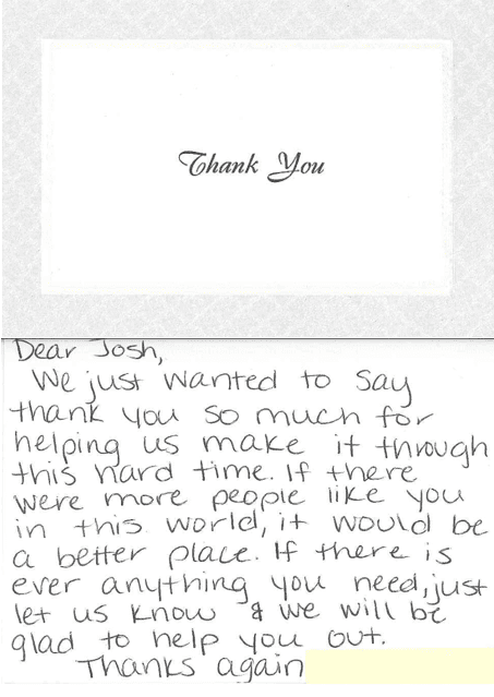 Note from Clients, The H. Family, to Joshua Branch
